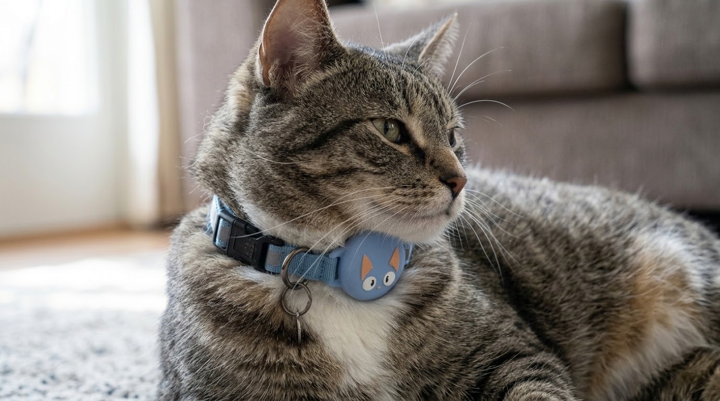 Gato atigrado mirando de costado con el collar Manada y el porta-AirTag