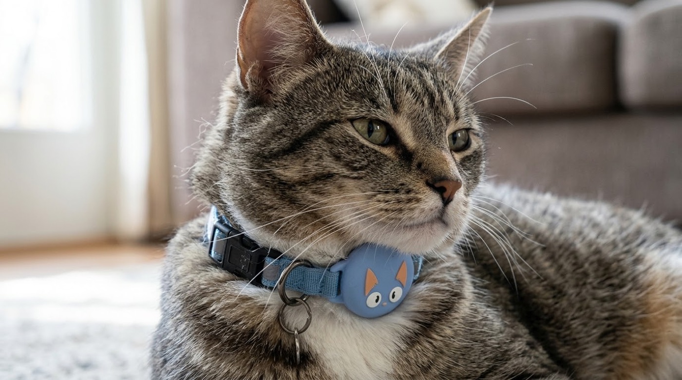 Gato atigrado acostado con el collar Manada celeste puesto