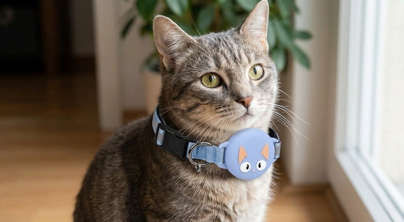 Gato atigrado usando el collar Manada celeste con el porta-AirTag de carita de gato