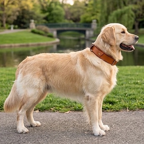Golden retriever de perfil con el collar Manada de cuero marrón