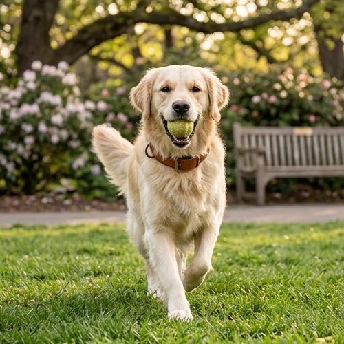 Golden retriever corriendo con una pelota y el collar Manada de cuero marrón