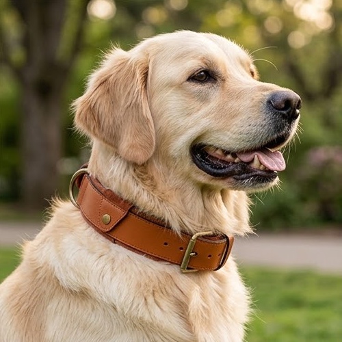 Golden retriever con el collar Manada de cuero marrón