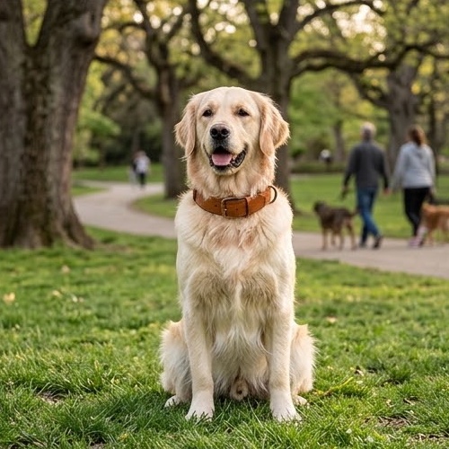 Golden retriever sentado en el parque con el collar Manada de cuero marrón